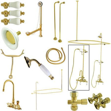 Kingston Brass Vintage High Rise Gooseneck Clawfoot Tub and Shower with Porcelain Lever Handles, Polished Brass Clawfoot Tub Set Kingston Brass
